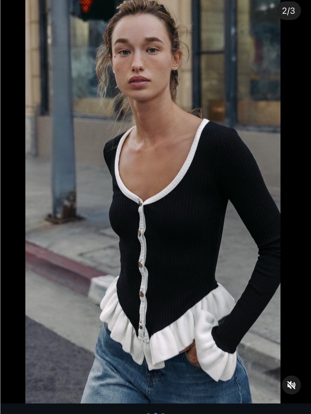 Zara Black Ribbed Button-Down Top with White Trim